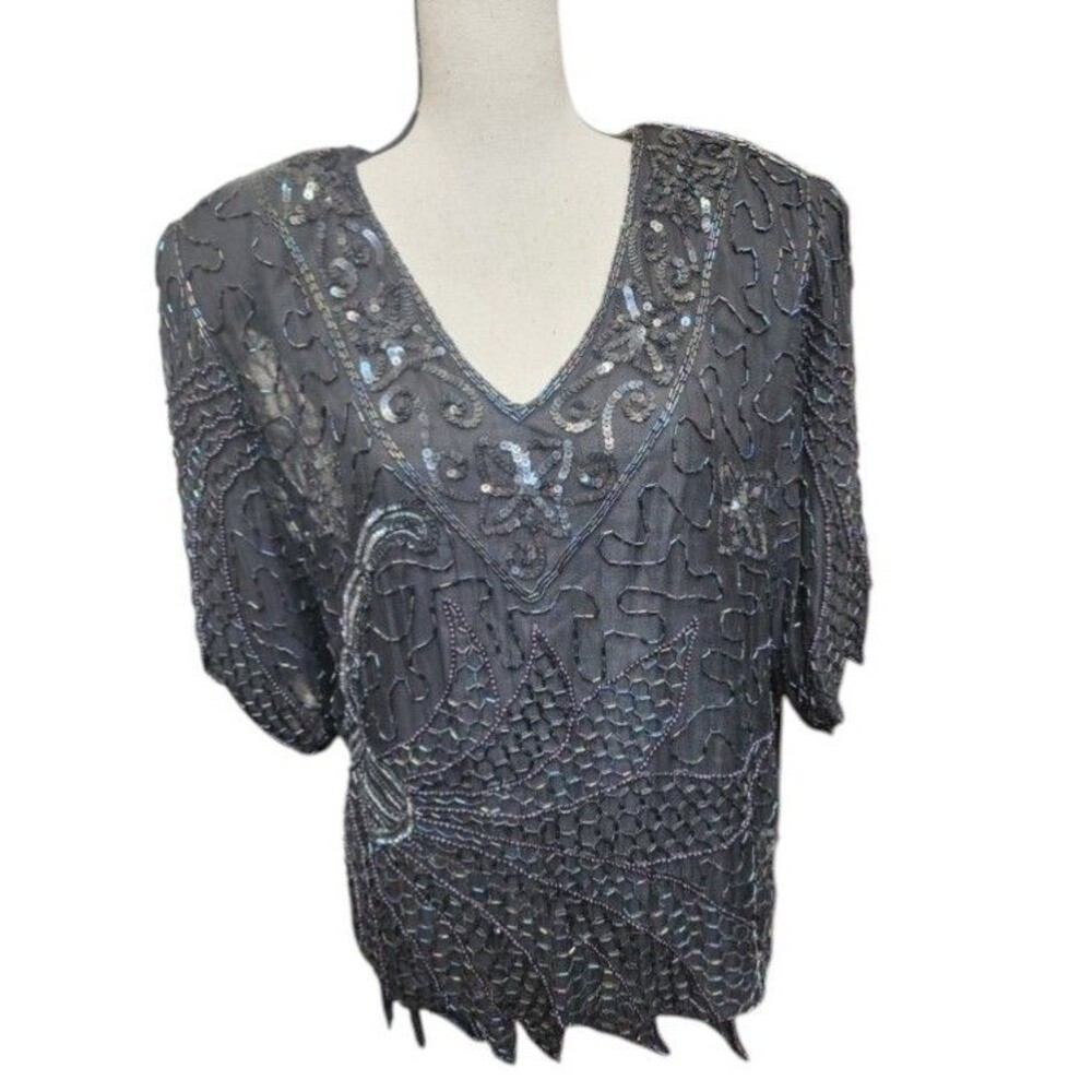 Mark & John II Beaded Silk Top Black Vintage Size XL